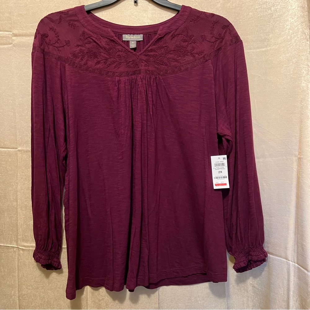 Style & Co for Macy’s, mesh-trim, raglan sleeved blouse. Berried Treasure. NWT